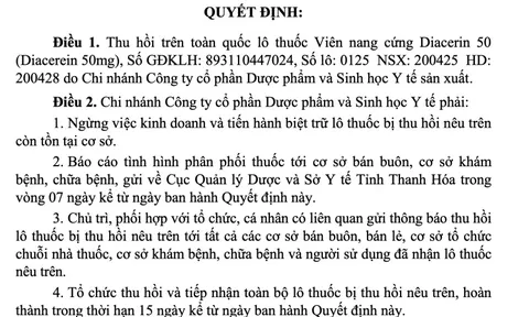 Thu hồi toàn quốc lô thuốc Diacerin 50 do vi phạm chất lượng